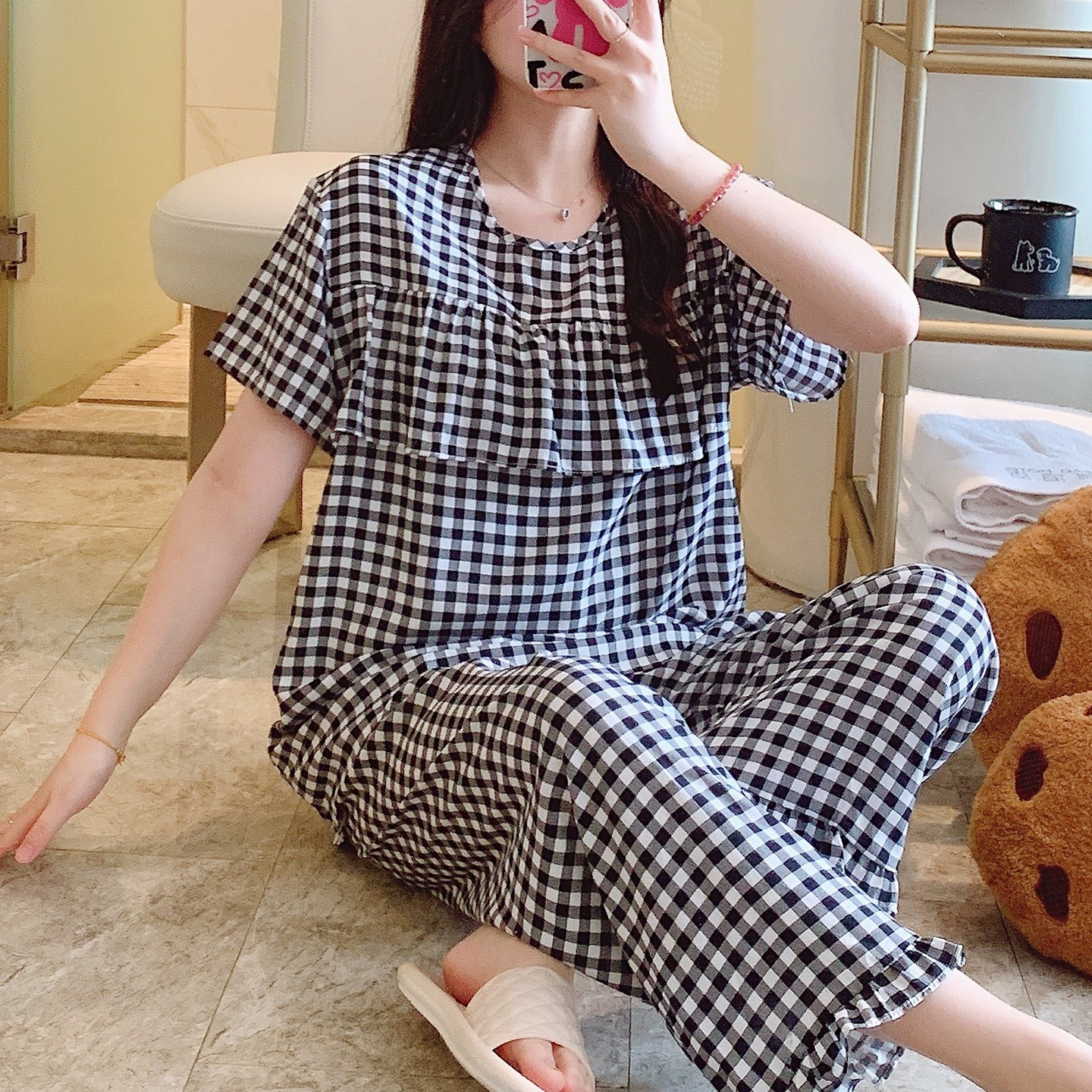 免胸垫防凸点棉绸睡衣女春秋夏短袖长裤家居服妈妈人造棉套装格子