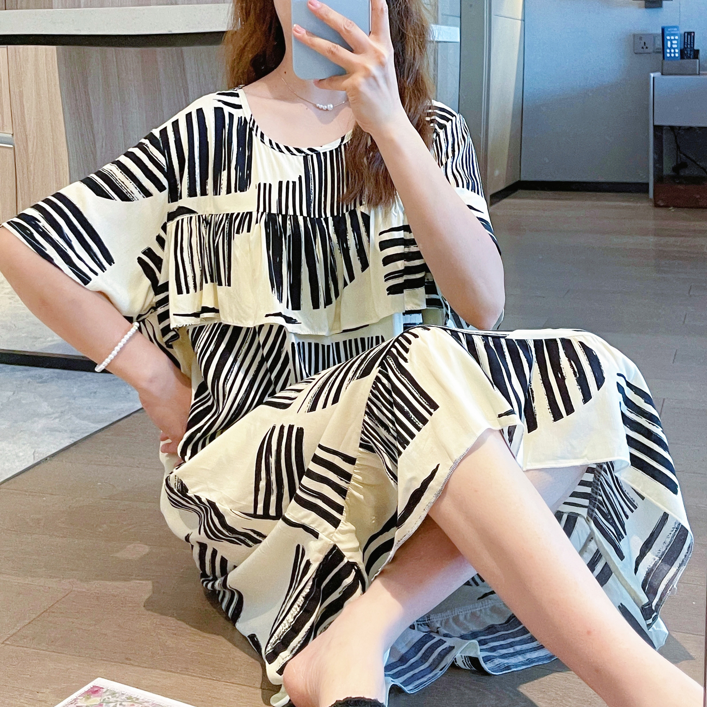 外穿防凸点棉绸睡裙女夏短袖绵绸妈妈睡衣孕妇人造棉连衣裙薄裙子