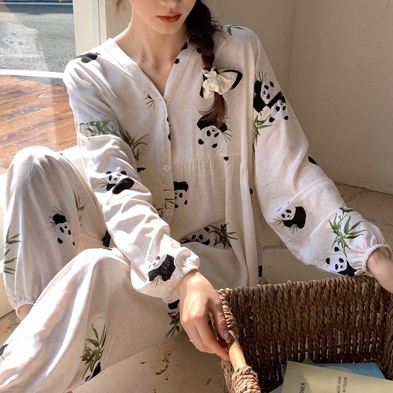 棉绸睡衣女春秋夏薄长袖绵绸家居服人造棉学生套装大码可爱小个子
