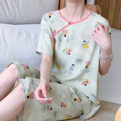 棉绸睡衣女夏短袖短裤绵绸学生家居服人造棉国风套装大码中式可爱