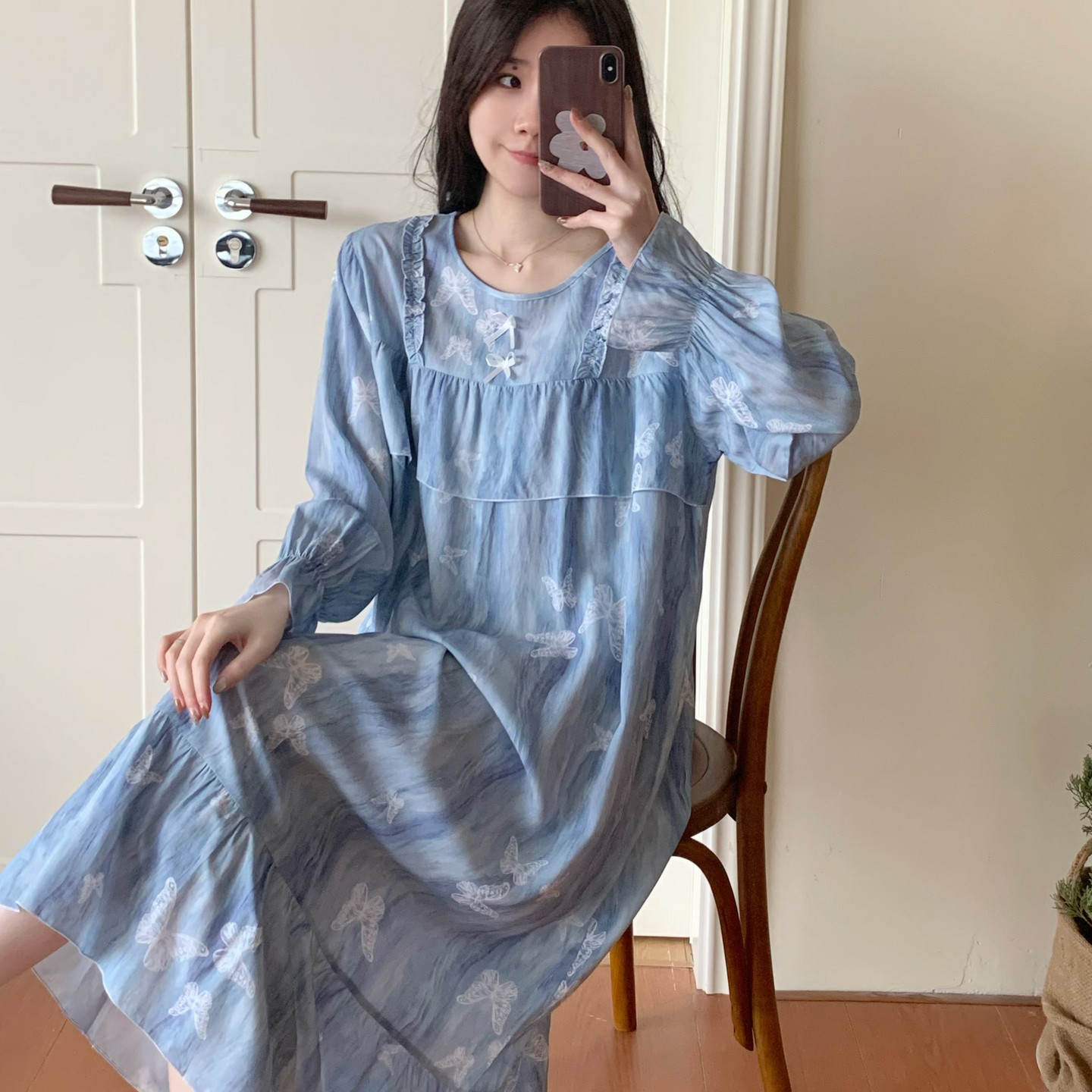 防凸点棉绸睡裙女夏长袖睡衣裙子绵绸人造棉连衣裙大码凉薄免胸垫