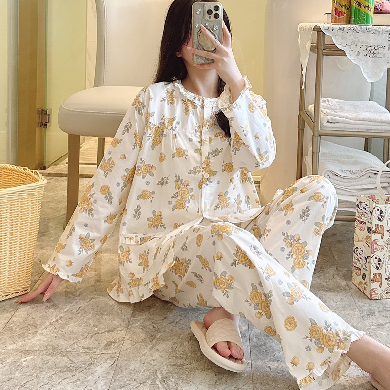 纯棉睡衣女春秋长袖薄款全棉家居服棉布春夏妈妈套装大码碎花外穿