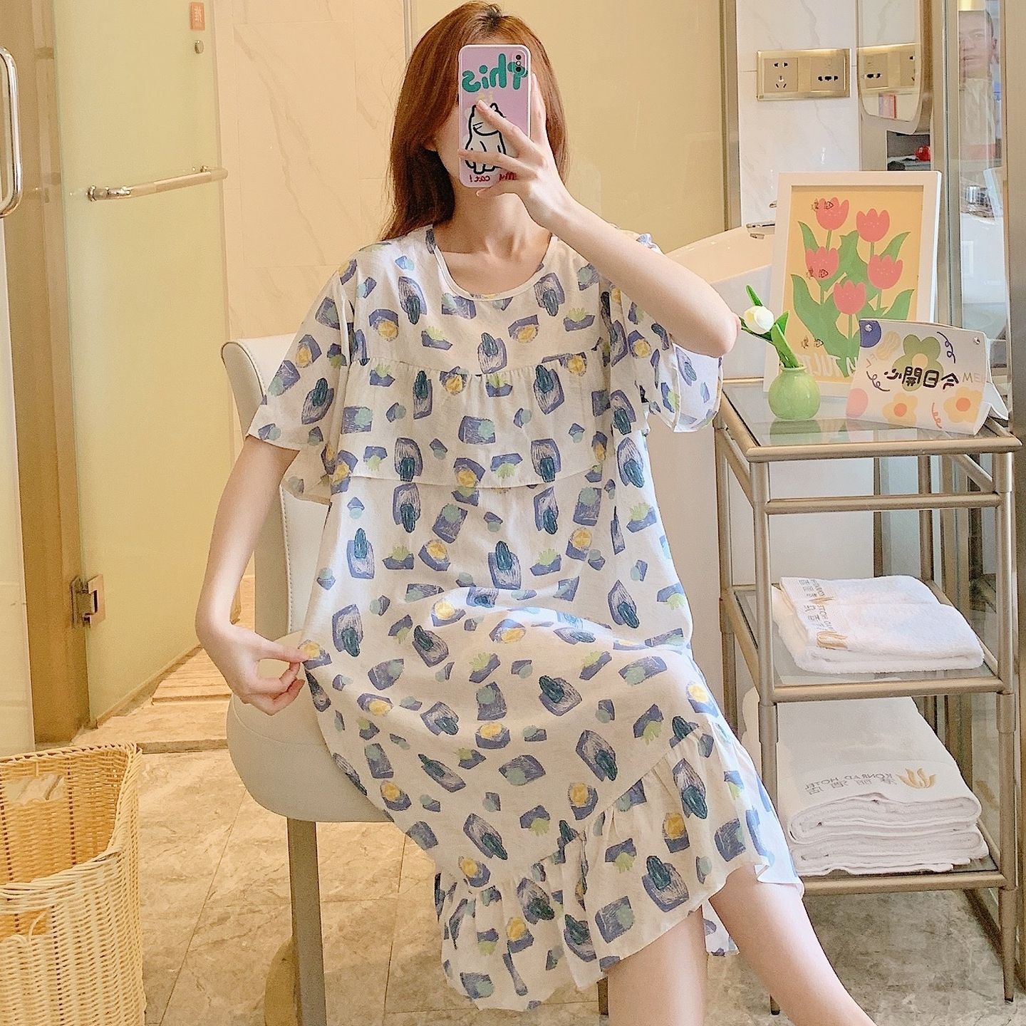 外穿防凸点棉绸睡裙女夏短袖妈妈睡衣孕妇人造棉连衣裙薄大码胖MM