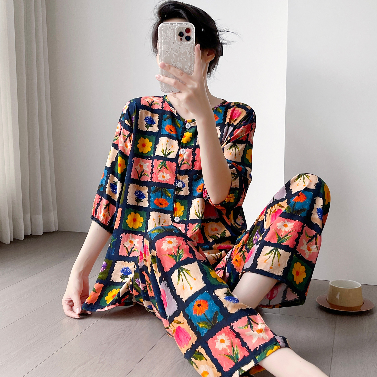 时尚洋气棉绸睡衣女夏短袖长裤春秋绵绸家居服妈妈大码薄套装外穿