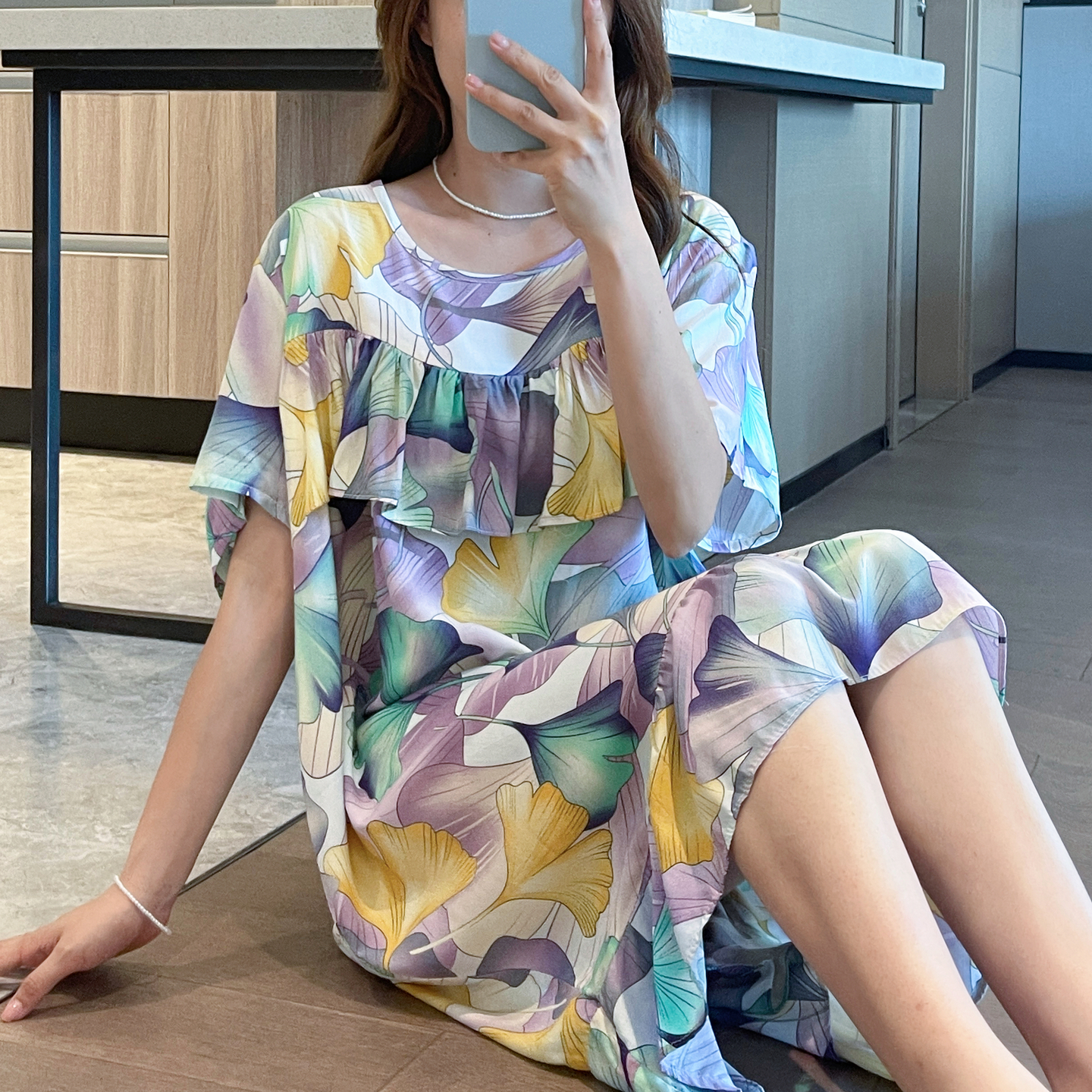 外穿防凸点棉绸睡裙女夏短袖妈妈睡衣孕妇人造棉中老年连衣裙大码