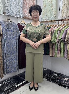 中老年妈妈夏装T恤短袖两件套