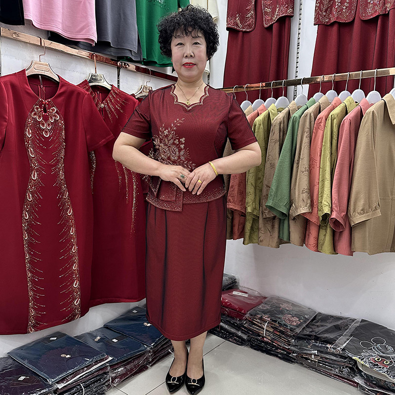高端中老年妈妈夏季结婚红色礼服2024新款旗袍喜婆婆假两件套裙子