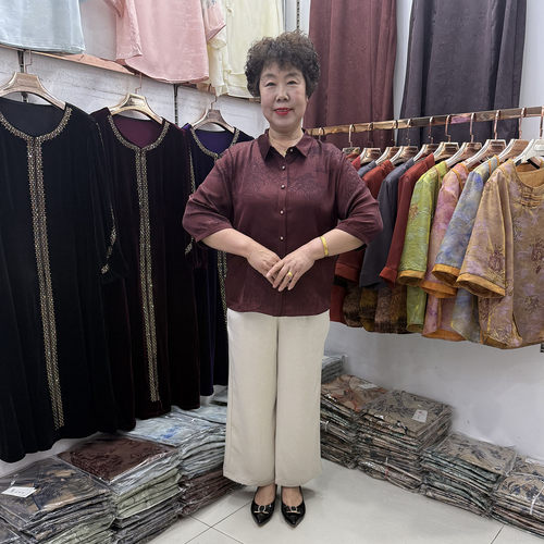 妈妈夏季翻领真丝衬衫女套装翻领暗纹提花60岁70奶奶两件套山水