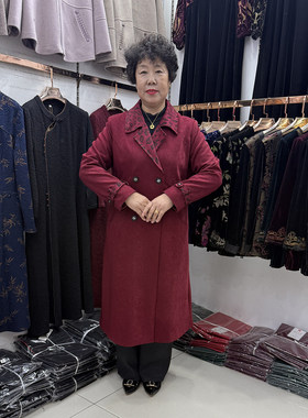 中年妈妈秋冬新款翻领豹纹风衣外套中长款时尚双排扣拼接休闲上衣