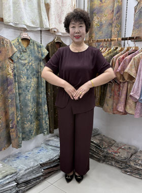 妈妈夏装纯色套装短袖女不规则扭结上衣奶奶垂感阔腿裤显瘦两件套