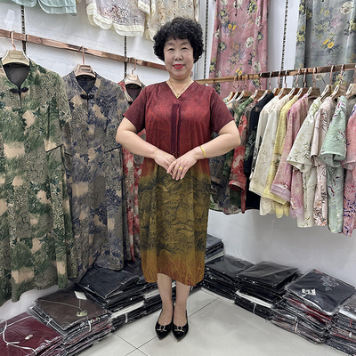 妈妈装夏季V领渐变真丝连衣裙