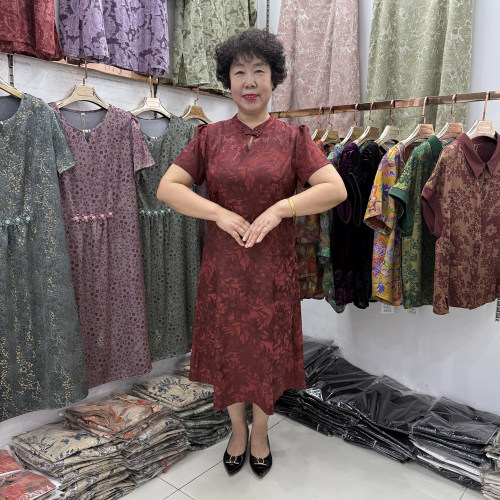 中年妈妈夏装新款国风旗袍连衣裙短袖女收腰气质减龄红色过膝裙