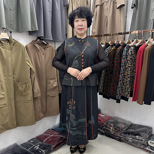 双面穿大码 真丝国风马夹背心女春夏洋气妈妈套裙马面裙日常套装