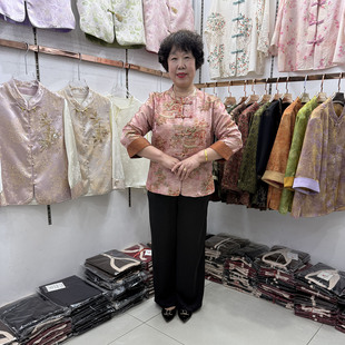 中年妈妈春夏国风盘扣长袖外套女2026宽松大码衬衫唐装洋气套装新