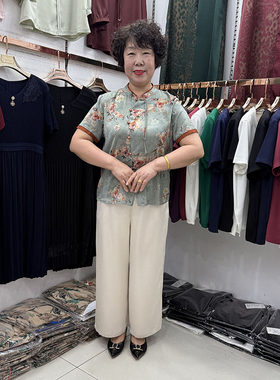 妈妈夏装桑蚕丝民族风短袖T恤衫女新中式立领旗袍时尚两件套衬衫