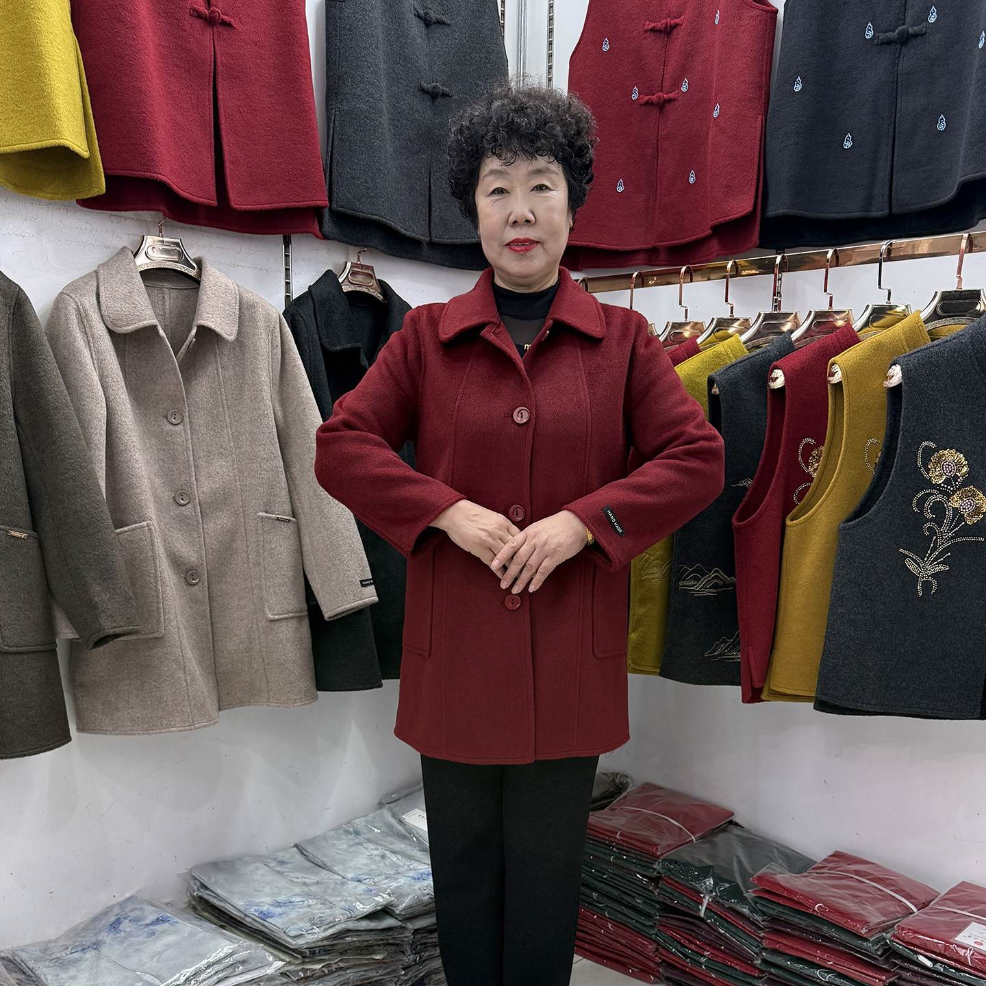 妈妈装双面呢大衣中长款翻领宽松大码中老年秋冬纯色毛呢外套口袋