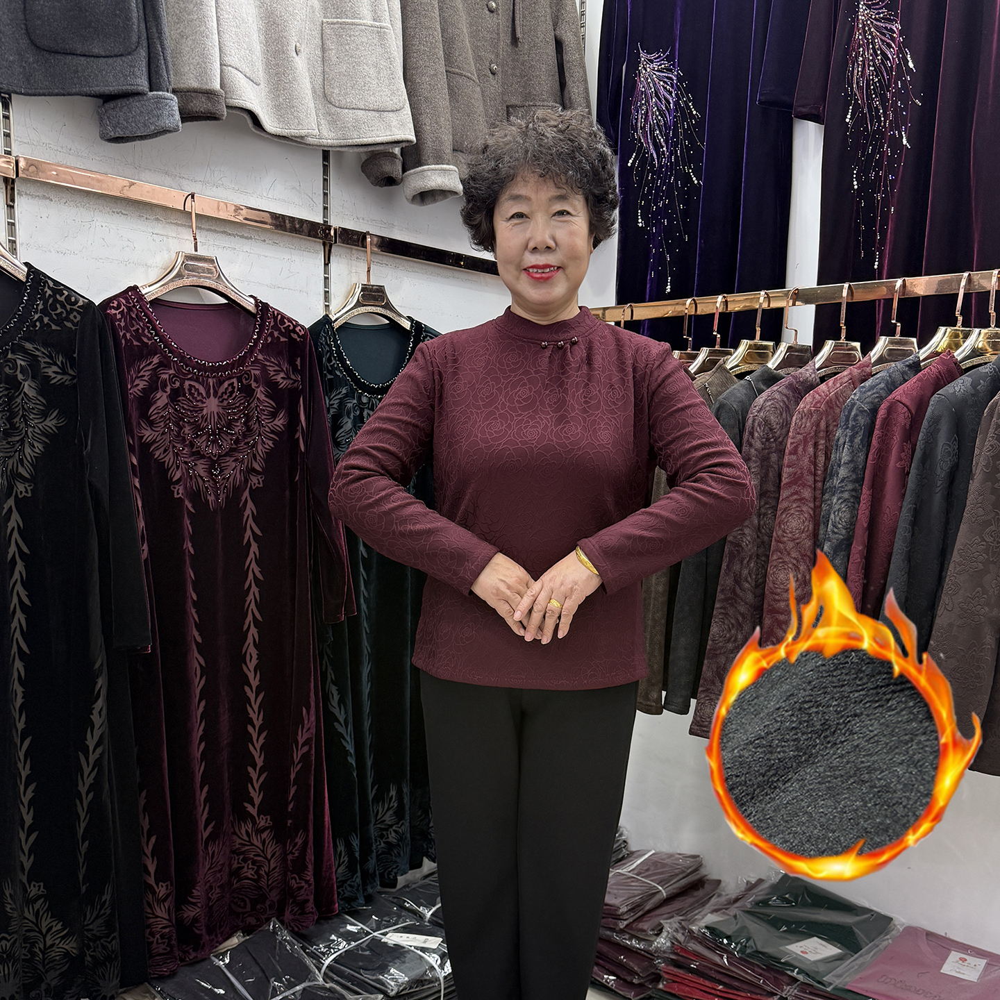 中老年妈妈冬装新款半高领提花加绒打底衫女40岁50保暖小衫配大衣