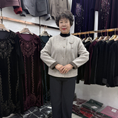 高档妈妈秋冬圆领毛呢外套女小个子短款 50岁妇女撞色呢子上衣