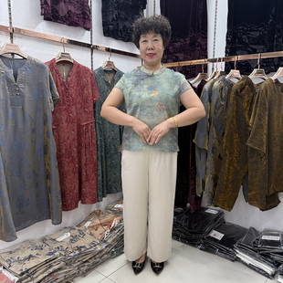 中年妈妈夏装立领桑蚕丝短袖t恤小衫2025盘扣休闲洋气奶奶套装新