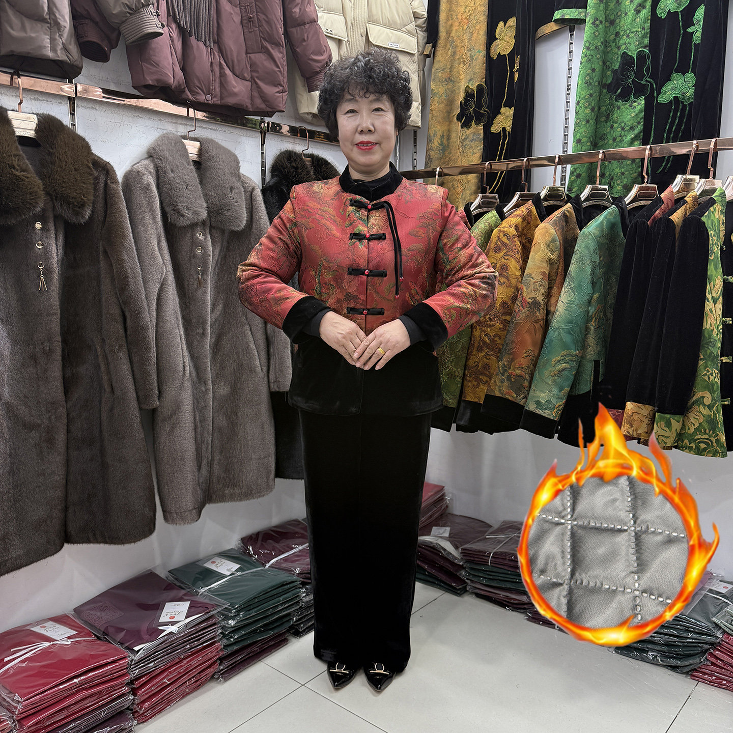 中老年冬装新中式丝绒棉服外套女小个子流行花色国风奶奶加绒套装