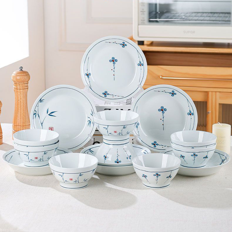 新款中式青泥陶瓷餐具套装家用碗碟组合釉下彩餐具套装送礼佳品,餐饮具,餐具瓷器套装,淘宝优惠券,粉丝福利购,淘宝优惠卷