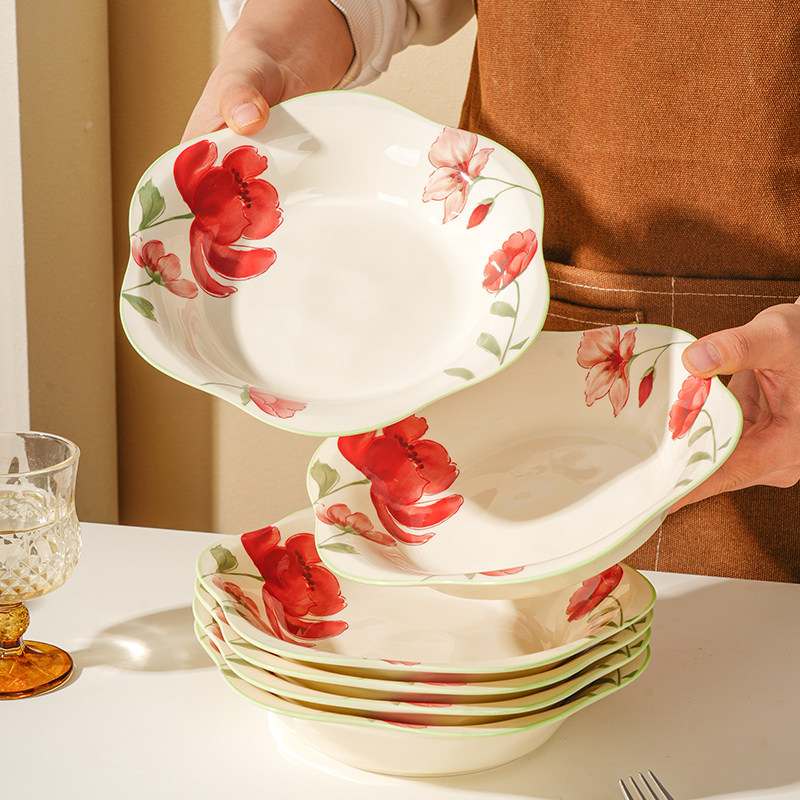 陶瓷中式精美菜盘饭盘沙拉盘水果盘点心盘鱼盘盘花边盘耐高温餐盘