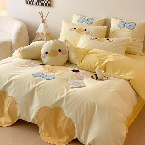 小清新儿童纯棉三四件套可爱鸭子卡通刺绣被套女孩水洗棉全棉床品