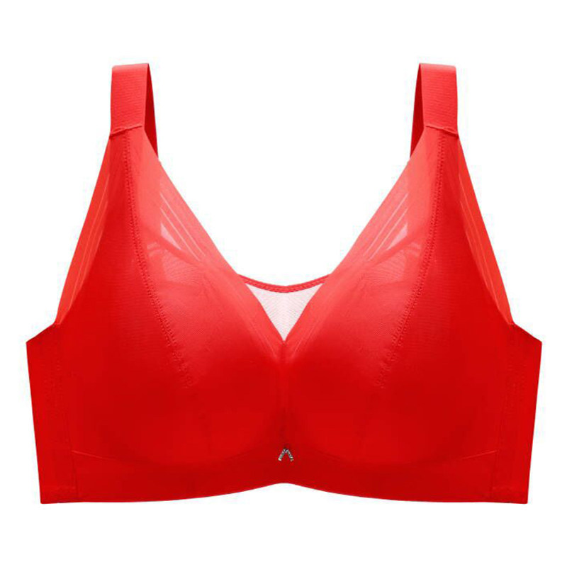 红色光面无痕薄款文胸软钢圈防下垂收副乳调整型大码乳胶聚拢内衣