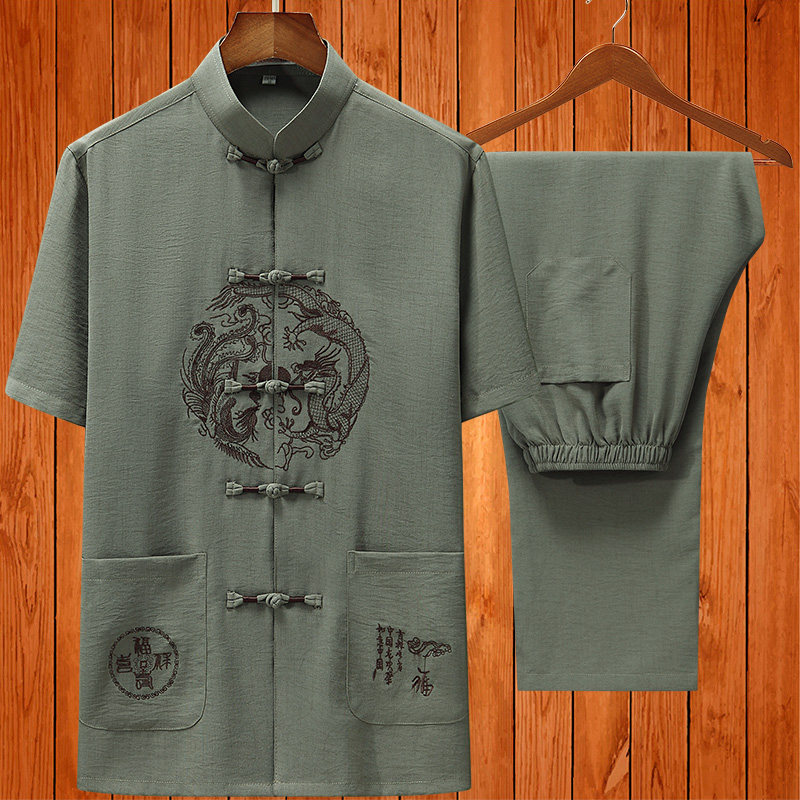SUMMER CHINESE STYLE LINEN TANG COSTUME MENS SHORT-SLEEVED SUIT LAYMAN SUIT HALF-SLEEVED MIDDLE-AGED AND ELDERLY HANFU COTTON LINEN DAD SUIT