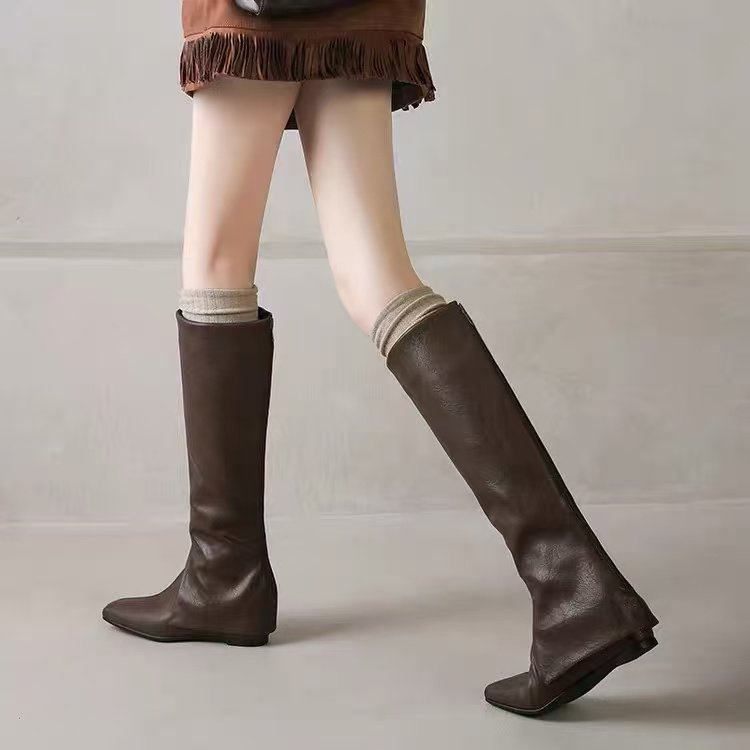 2025年秋冬新款内增高裤管靴女不过膝长筒靴真皮棕色低跟方头长靴,女鞋,时装靴,淘宝优惠券,粉丝福利购,淘宝优惠卷