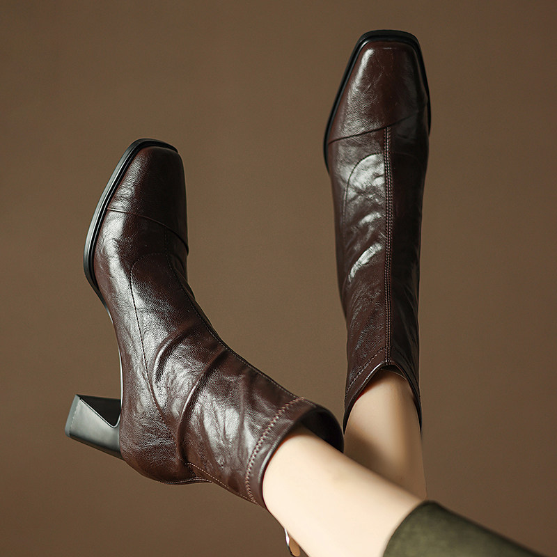 软羊皮粗跟显瘦短靴女真皮方头弹力瘦瘦靴黑色复古百搭高跟马丁靴,女鞋,时装靴,淘宝优惠券,粉丝福利购,淘宝优惠卷