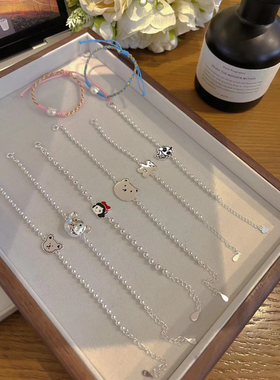 925纯银小熊手链亲子款女小熊项链男六一儿童节宝宝小孩脚链刻字