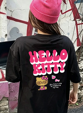 Hello Kitty黑皮凯蒂猫联名gotcha新款男女情侣美式复古短袖T恤