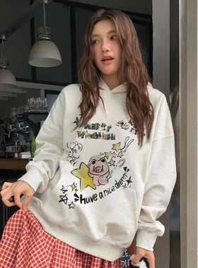 MerryWannaBe MWB capper同款做个好梦小猪涂鸦印花美式连帽卫衣