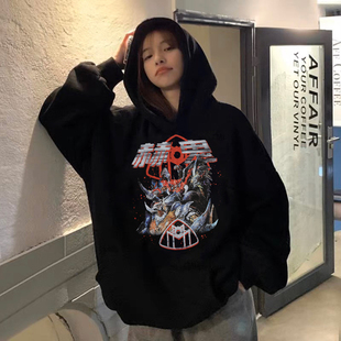 SASIOVERLXRD联名“赫鬼”黑色潮流印花美式复古印花男女连帽卫衣