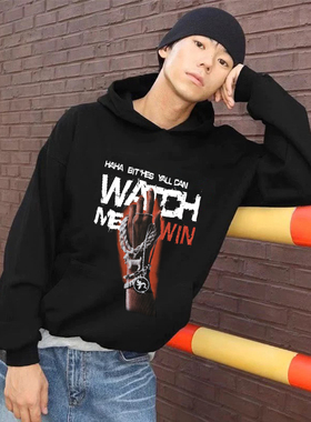 SASIOVERLXRD同款“看着我赢”印花美式复古男女情侣抓绒连帽卫衣