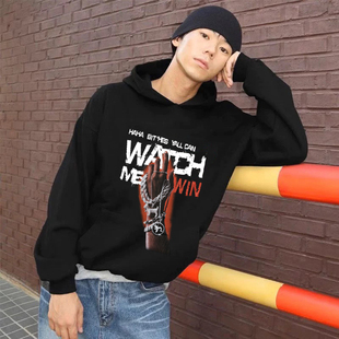 SASIOVERLXRD同款“看着我赢”印花美式复古男女情侣抓绒连帽卫衣