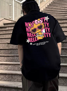 Hello Kitty黑皮凯蒂猫联名gotcha新款男女情侣美式复古短袖T恤