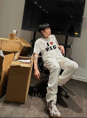 MerryWannaBe MWB capper同款“我爱猪”英文标语男女美式短袖T恤