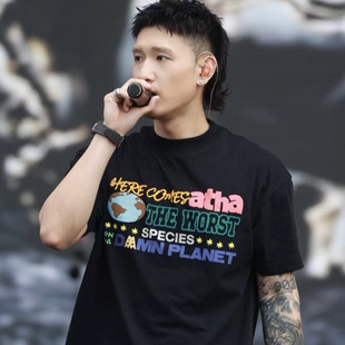 ATHA Gali巡演同款地球LOGO印花男女情侣美式复古街头短袖T恤