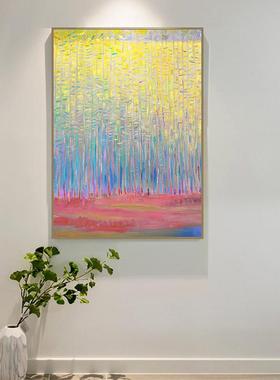 有风的树林绿色治愈餐厅装饰画蓝色海洋春天春树森林现代风景挂画