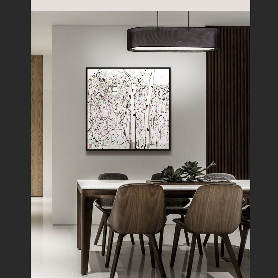 新中式水墨画国画春天秋天花餐厅卧室书房样板房办公室树林装饰画图片