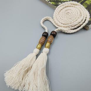 简约文艺范编织流苏串珠棉绳腰链长款纯棉腰带配连衣裙子流苏绳子