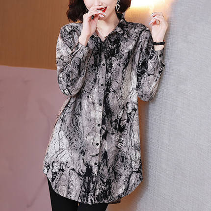 2025年春秋新款印花雪纺衬衫女中长款加大加肥宽松衬衣显瘦打底衫