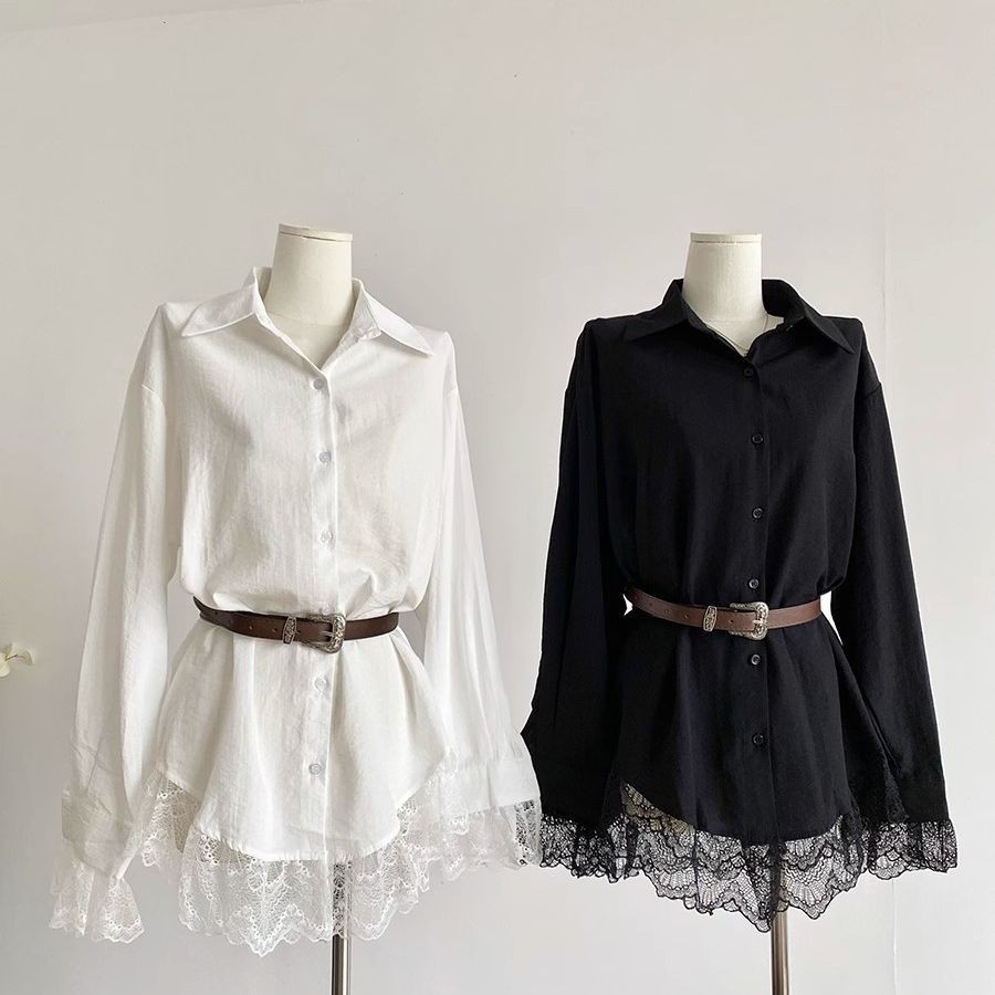 时尚气质白色蕾丝拼接衬衫裙女2025新款初春独特超好看上衣中长款