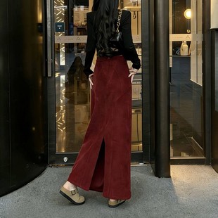 法式 高腰显瘦后开叉a字长裙 复古轻熟气质红色灯芯绒半身裙女冬季