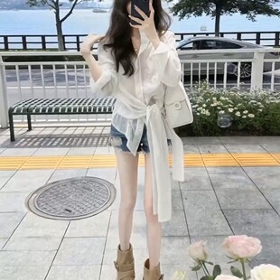 白色长袖收腰绑带衬衫女款2026新款春装独特漂亮巨好看高级感上衣