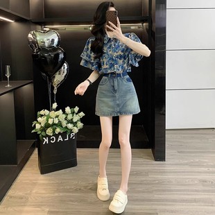 衬衣女 夏季 新款 甜美印花衬衫 女上衣高级感洋气宽松显瘦荷叶边短袖
