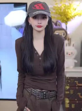 大码胖mm韩系气质纽扣V领长袖T恤女秋装打底衫显瘦百搭感修身上衣