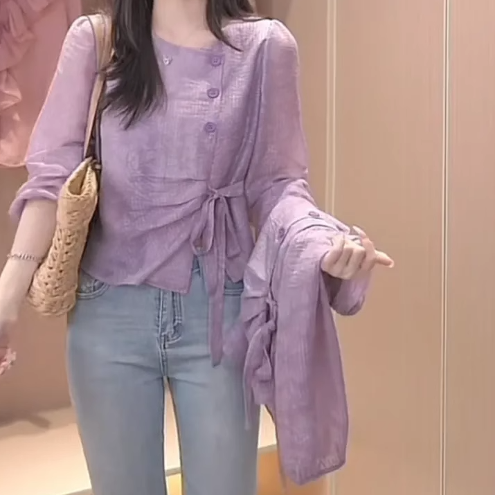 不规则系带长袖衬衫女秋季2025新款独特漂亮小衫短款宽松好看上衣